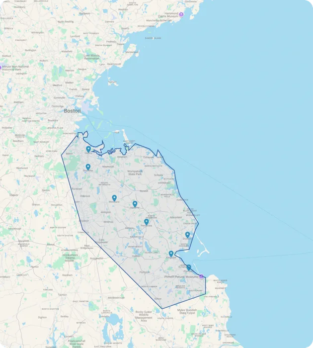 Map of the Plymouth County and South Shore service area covered by 3R Plumbing and Mechanical